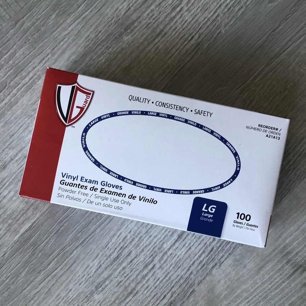 VGuard Vinyl Exam Gloves, Powder Free, Large, 100 Per Box